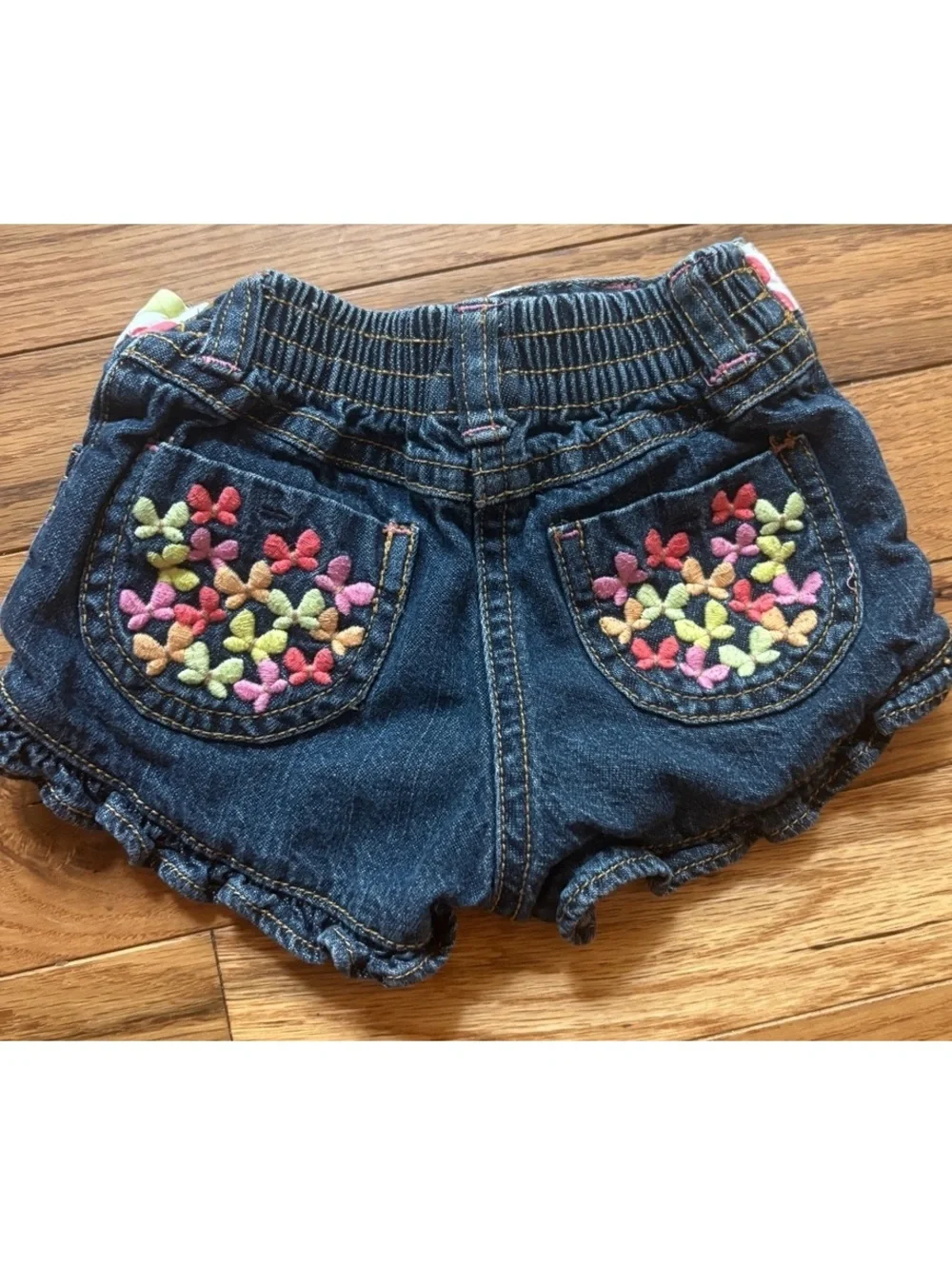 Gymboree Girls 6-12 Months Denim Shorts with Floral Embroidered Pockets and Ruch